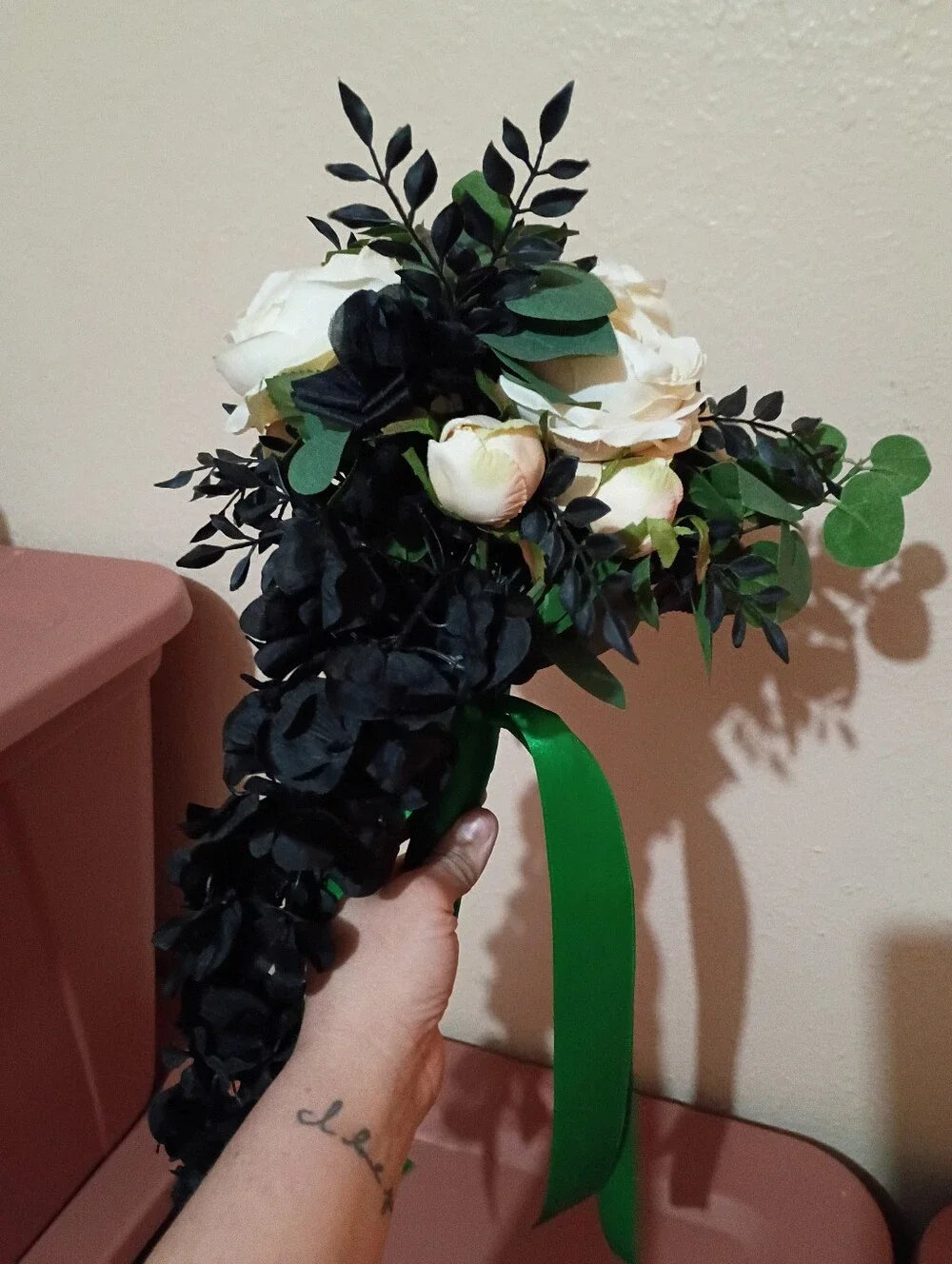 Ivory & Black Cascading Floral Bouquet with Green Ribbon